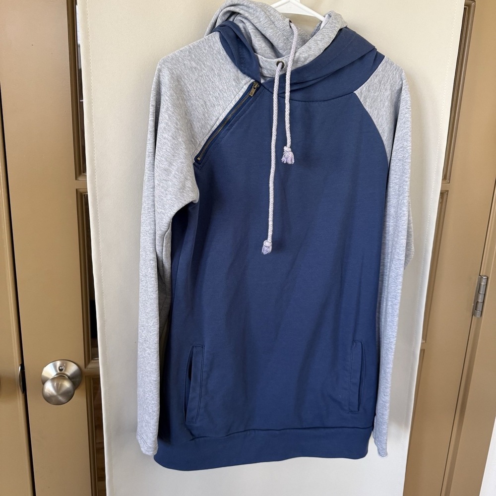 Ampersand‎ Ave Womens Large Blue Grey Double Hood Pullover Sweatshirt Hoodie